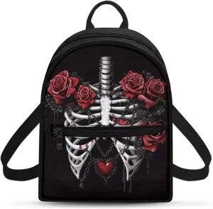 Rose Skeleton Mini Backpack Purse for Women Small Back Front Pocket Lightweight Canvas Casual Bag for Travel Office