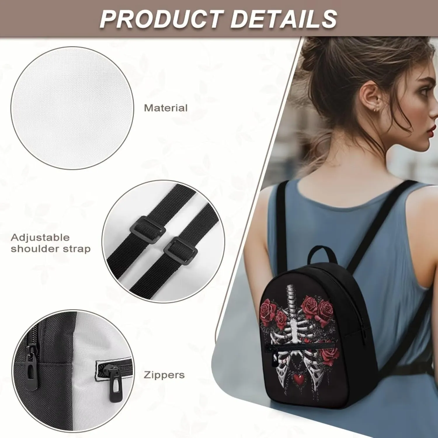 Rose Skeleton Mini Backpack Purse for Women Small Back Front Pocket Lightweight Canvas Casual Bag for Travel Office