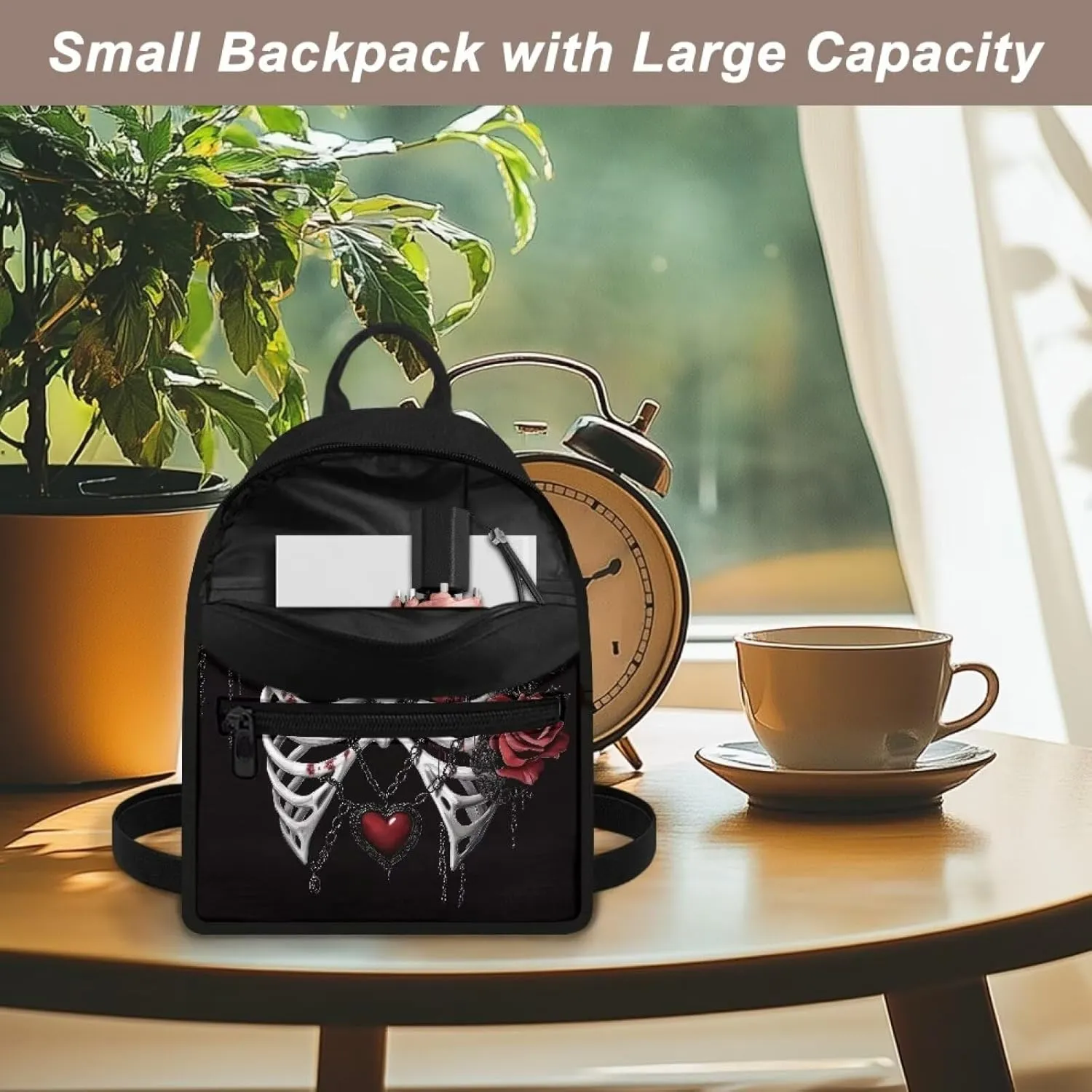 Rose Skeleton Mini Backpack Purse for Women Small Back Front Pocket Lightweight Canvas Casual Bag for Travel Office