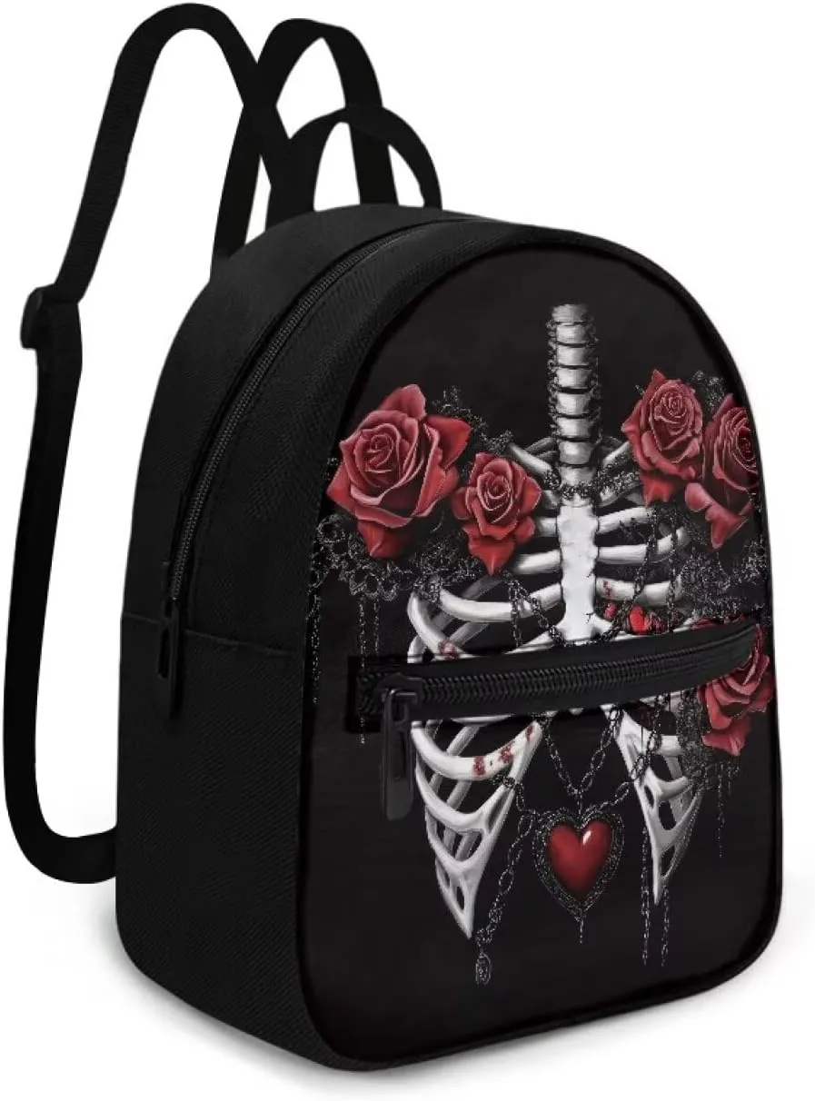 Rose Skeleton Mini Backpack Purse for Women Small Back Front Pocket Lightweight Canvas Casual Bag for Travel Office