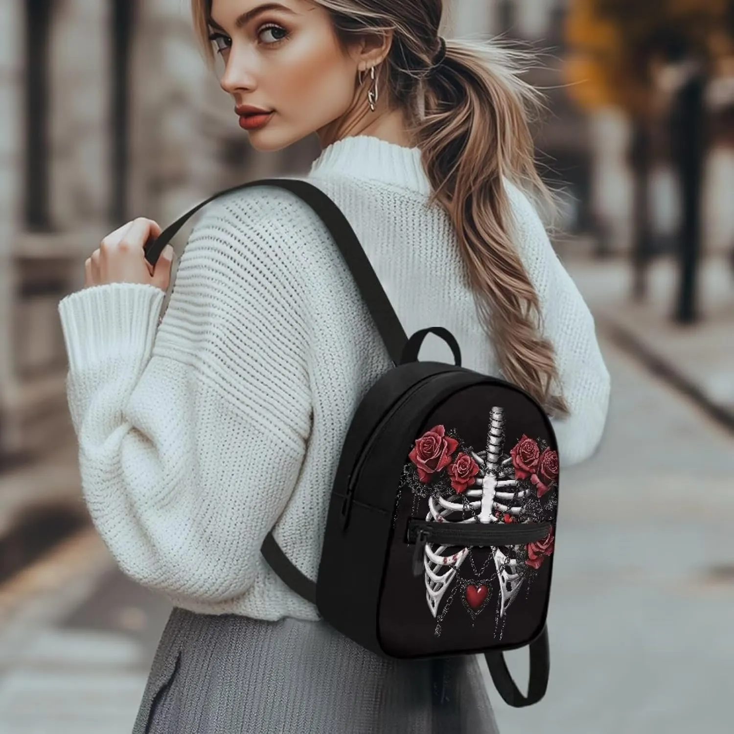 Rose Skeleton Mini Backpack Purse for Women Small Back Front Pocket Lightweight Canvas Casual Bag for Travel Office