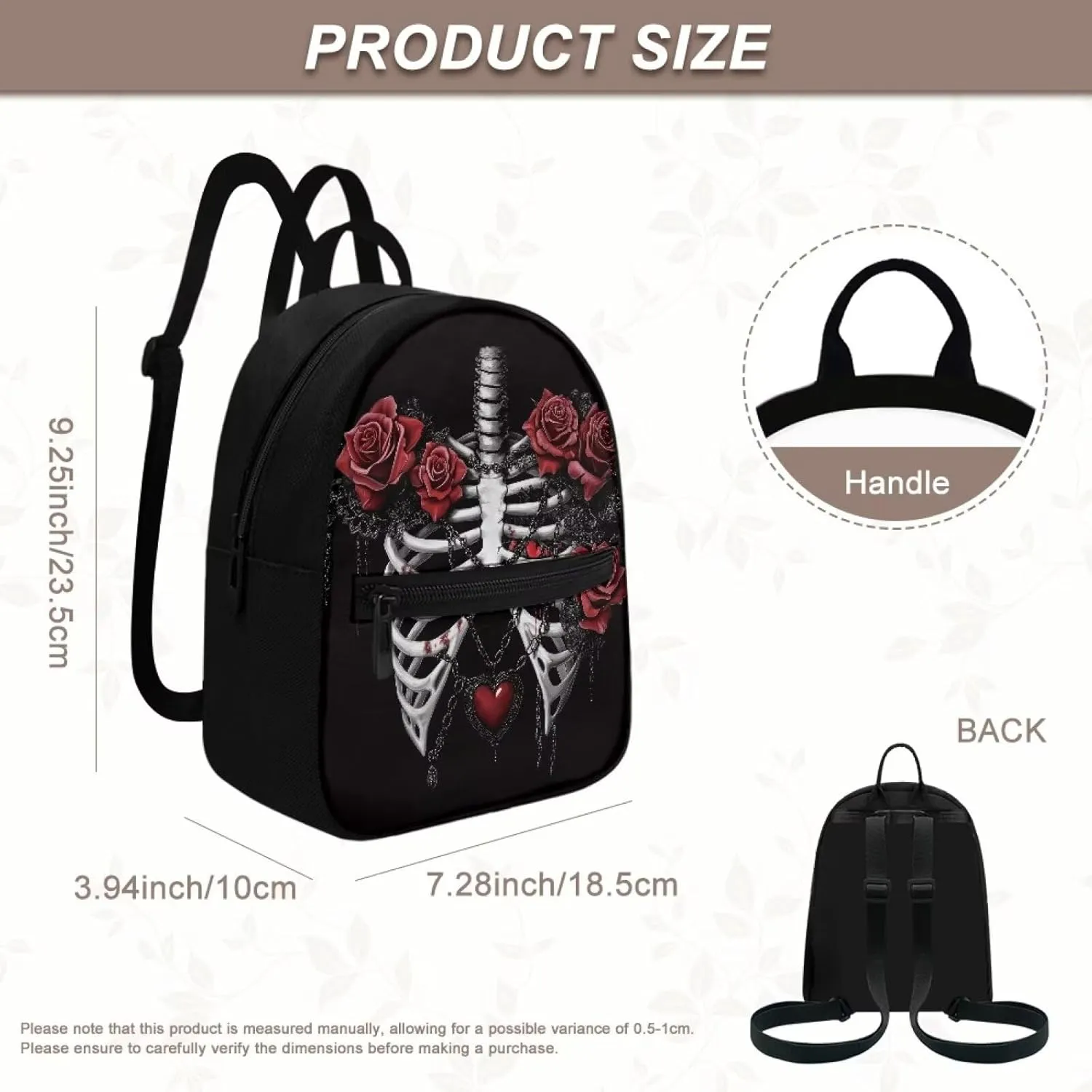 Rose Skeleton Mini Backpack Purse for Women Small Back Front Pocket Lightweight Canvas Casual Bag for Travel Office