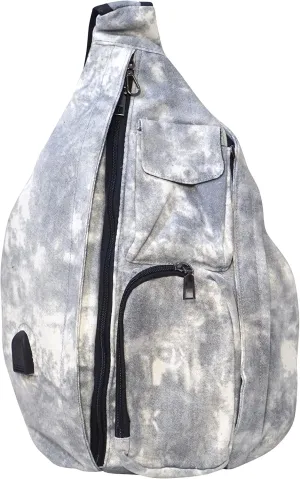 Rucksack Pickleball Bag, Anti-Theft Crossbody Sling, USB Charging Connector Port, Backpack, Gray Tie Dye