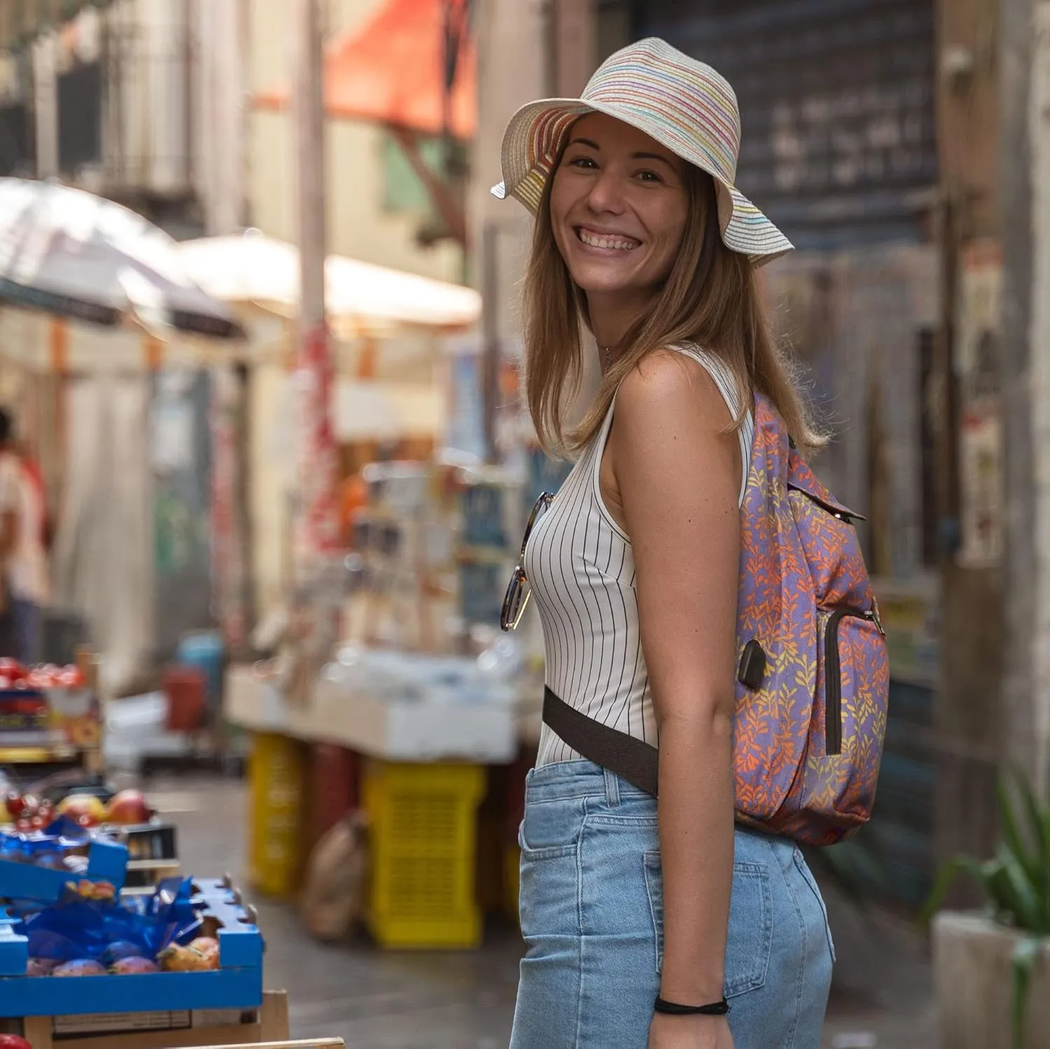 Rucksack Pickleball Bag, Anti-Theft Crossbody Sling, USB Charging Connector Port, Backpack, Navy Yellow Leaves
