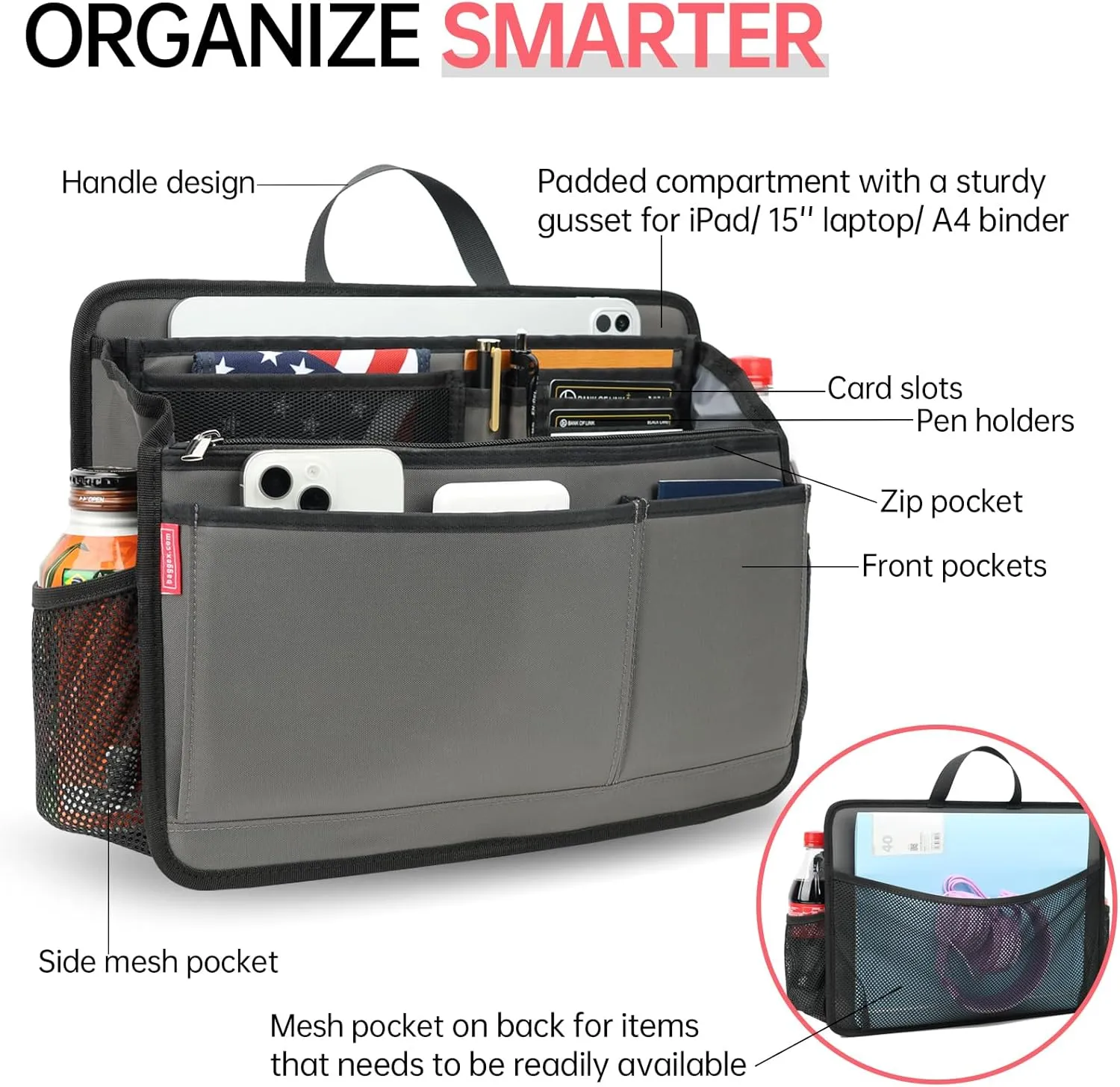Rugged Organizer Insert for Briefcase Tote Shoulder Messenger Bag - 20 Pockets,Durable Padded Nylon,Handle(Large,Mix)