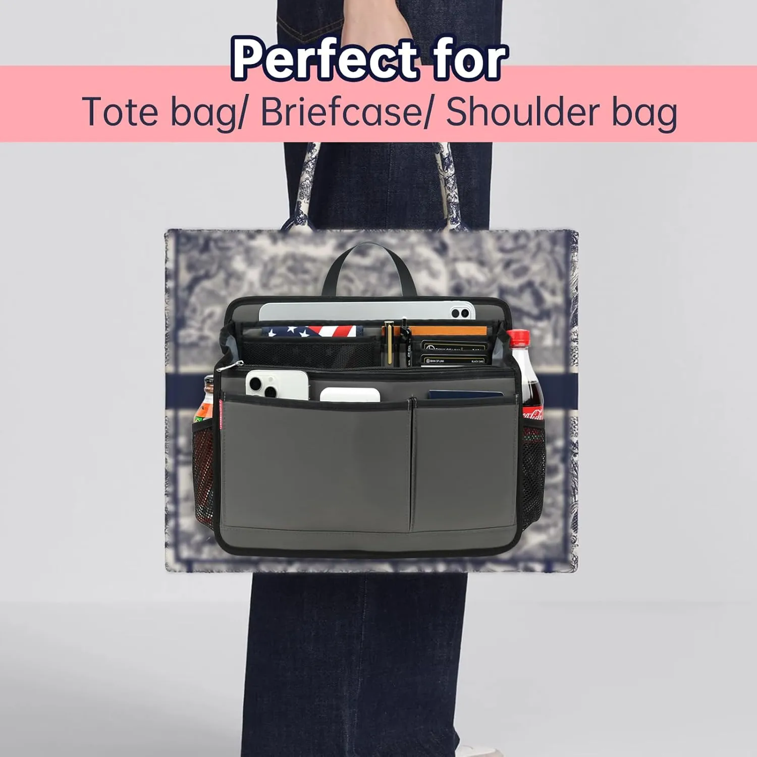Rugged Organizer Insert for Briefcase Tote Shoulder Messenger Bag - 20 Pockets,Durable Padded Nylon,Handle(Large,Mix)
