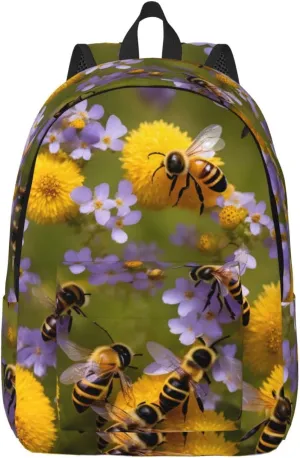 Rural Honey Bees Wildflowers Print Canvas Backpack For Women Travel Backpack For Men College Casual Laptop Daypack