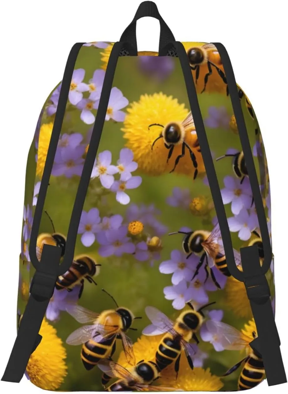 Rural Honey Bees Wildflowers Print Canvas Backpack For Women Travel Backpack For Men College Casual Laptop Daypack