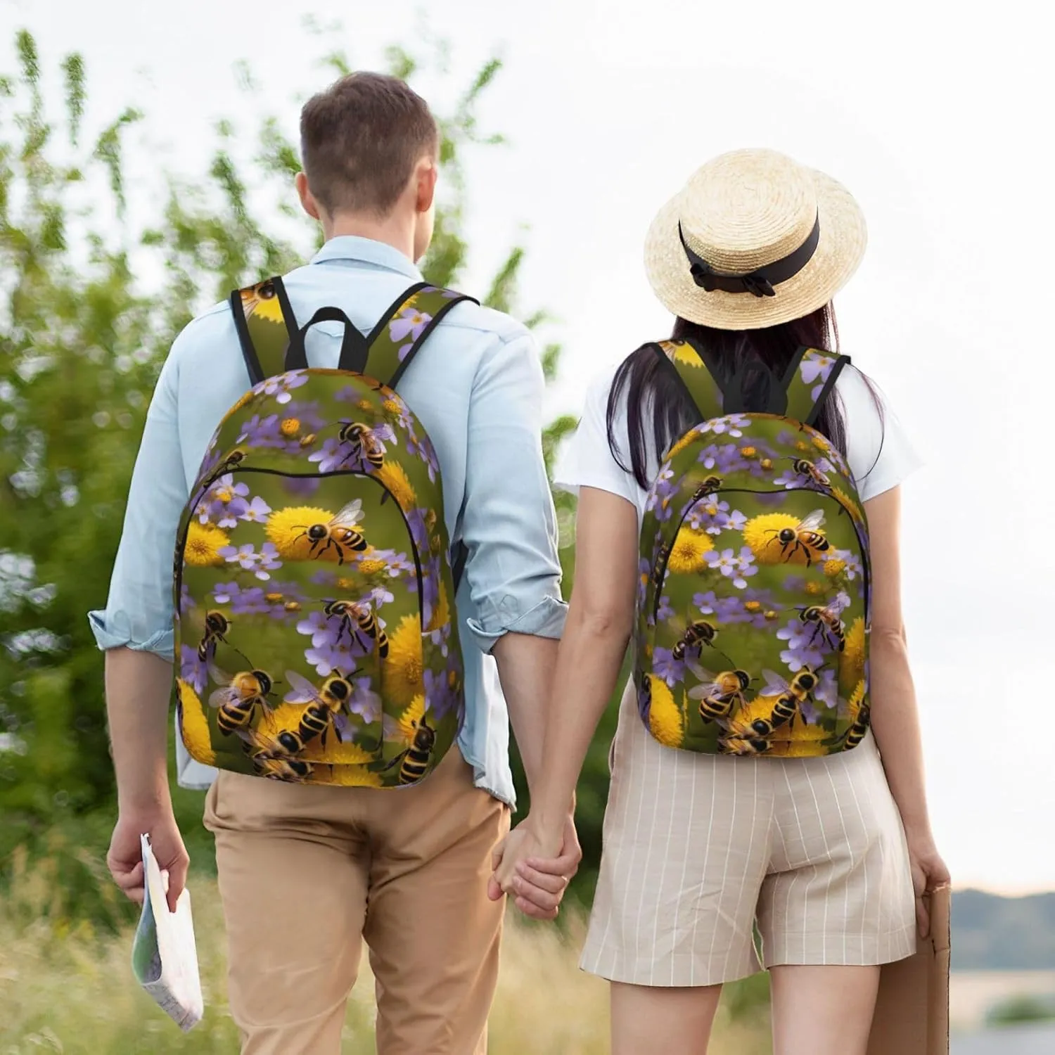 Rural Honey Bees Wildflowers Print Canvas Backpack For Women Travel Backpack For Men College Casual Laptop Daypack