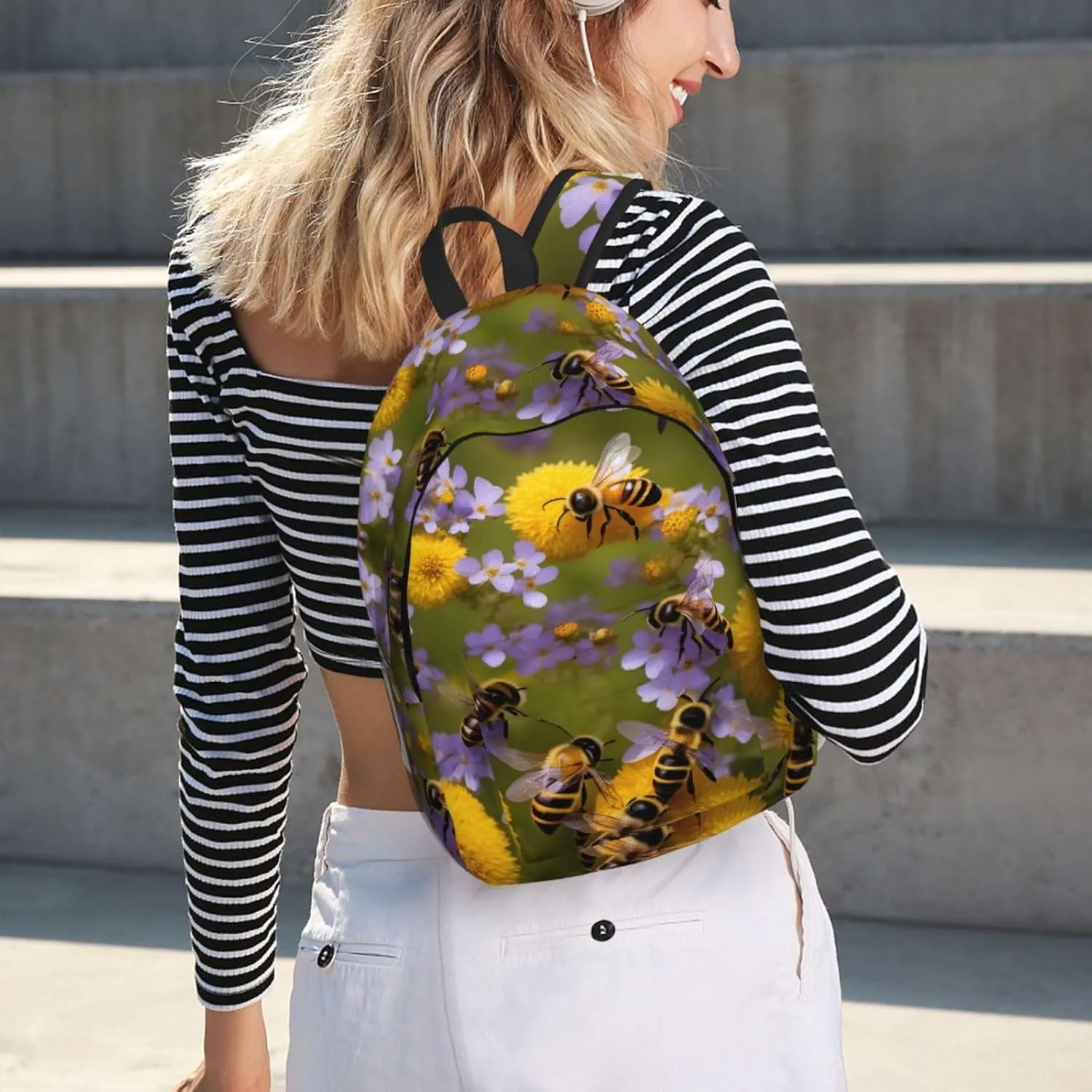 Rural Honey Bees Wildflowers Print Canvas Backpack For Women Travel Backpack For Men College Casual Laptop Daypack