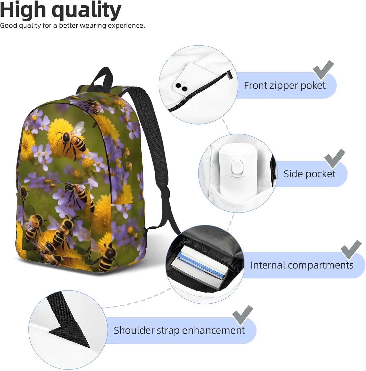 Rural Honey Bees Wildflowers Print Canvas Backpack For Women Travel Backpack For Men College Casual Laptop Daypack
