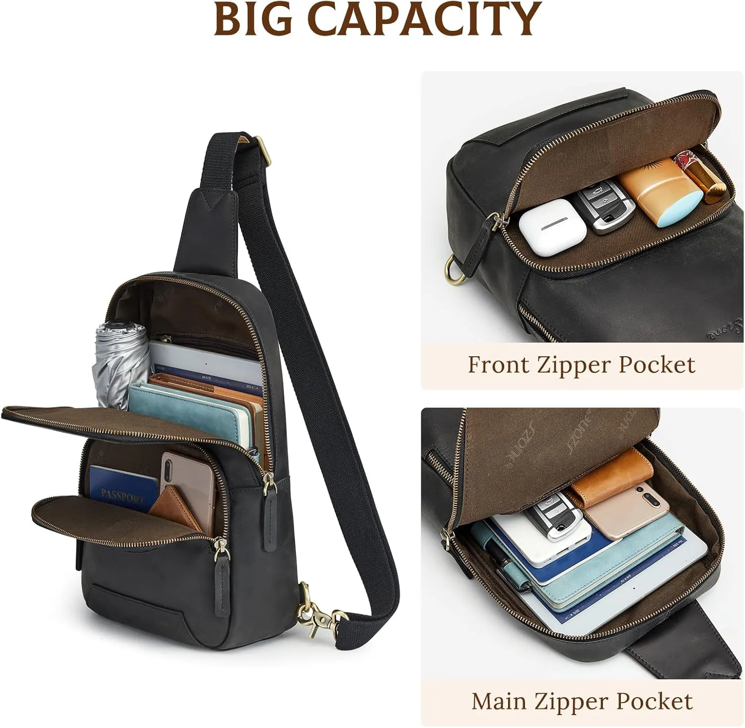 S-ZONE Sling Bag for Men Women RFID Blocking Genuine Leather Crossbody Shoulder Bag Backpack Hiking Daypack Travel