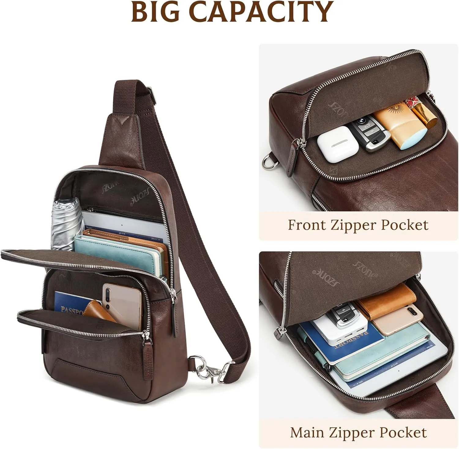 S-ZONE Sling Bag for Men Women RFID Blocking Genuine Leather Crossbody Shoulder Bag Backpack Hiking Daypack Travel