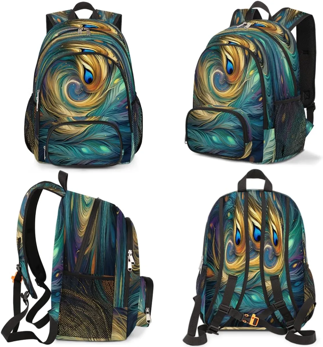 School Backpack for Boys Girls, Ethnic Peacock Feather Elementary School Bags Abstract Feather Lightweight Bookbag Laptop Backpack Casual Daypack Rucksack for Kids Teens