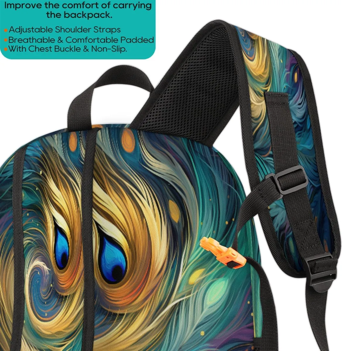 School Backpack for Boys Girls, Ethnic Peacock Feather Elementary School Bags Abstract Feather Lightweight Bookbag Laptop Backpack Casual Daypack Rucksack for Kids Teens