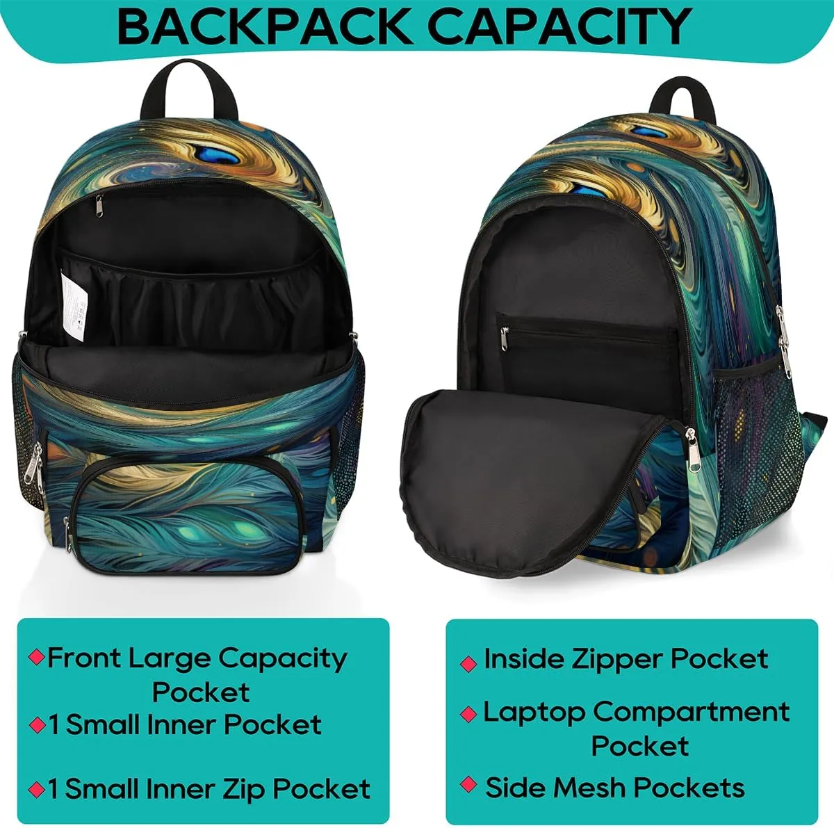 School Backpack for Boys Girls, Ethnic Peacock Feather Elementary School Bags Abstract Feather Lightweight Bookbag Laptop Backpack Casual Daypack Rucksack for Kids Teens