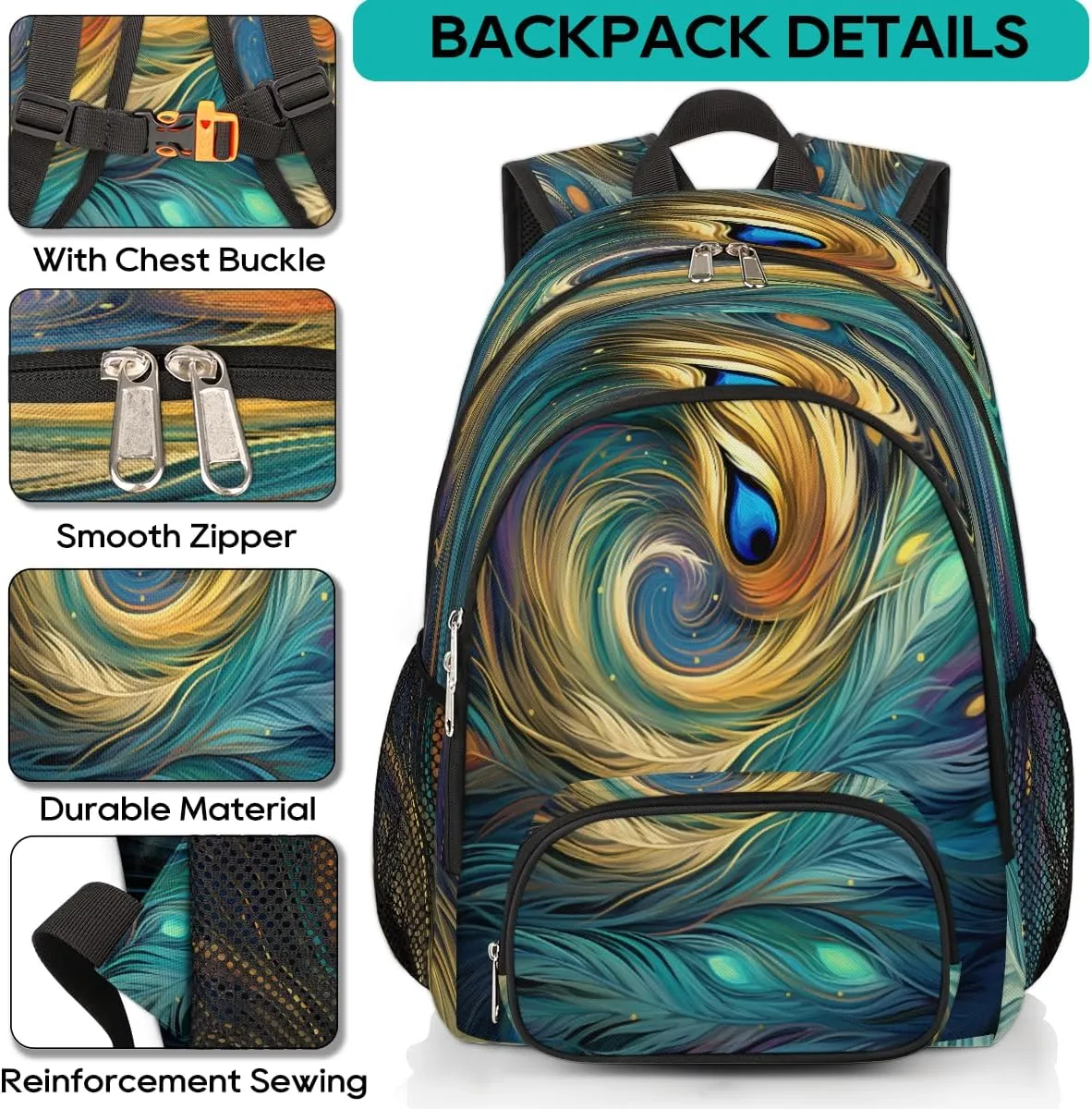 School Backpack for Boys Girls, Ethnic Peacock Feather Elementary School Bags Abstract Feather Lightweight Bookbag Laptop Backpack Casual Daypack Rucksack for Kids Teens