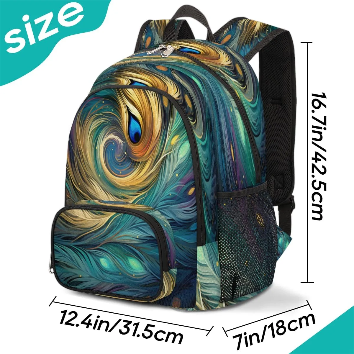 School Backpack for Boys Girls, Ethnic Peacock Feather Elementary School Bags Abstract Feather Lightweight Bookbag Laptop Backpack Casual Daypack Rucksack for Kids Teens