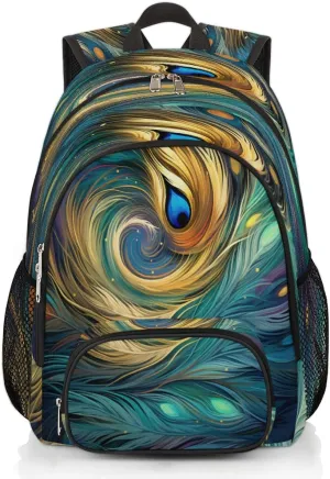 School Backpack for Boys Girls, Ethnic Peacock Feather Elementary School Bags Abstract Feather Lightweight Bookbag Laptop Backpack Casual Daypack Rucksack for Kids Teens