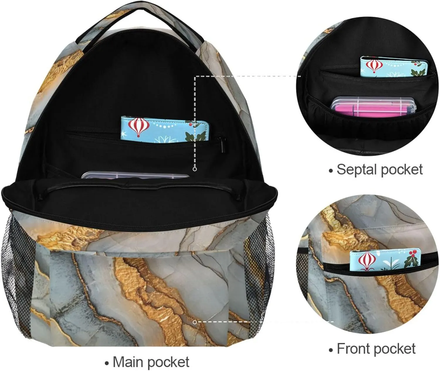 School Backpack for Men and Women Fashion Sports Backpack with Chest Strap Gift Men & Women Marble Grey Beige
