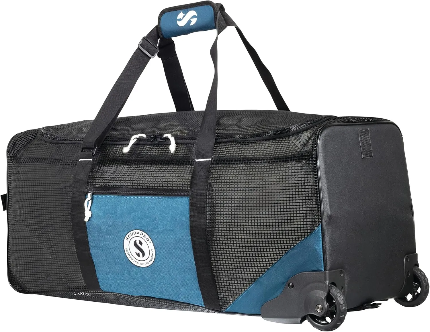 SCUBAPRO Sport Mesh 'N Roll 100 Wheeled Dive Bag with Double Duffel Straps and Adjustable Top Carry Handle for Scuba Diving Gear, Denim Blue Color Fabric