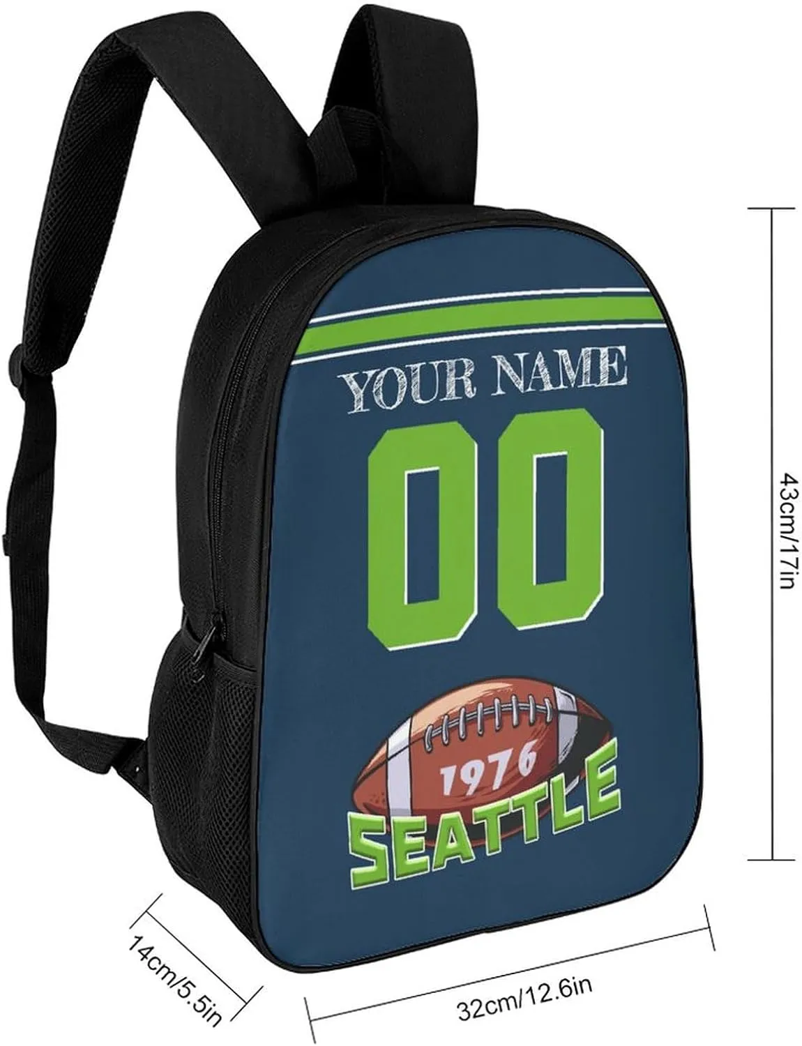 Seattle Backpack Custom Name Number Laptop Shoulder Bag Bookbag Personalized Sports Gift for Men Women Boy Girl, 17 Inch