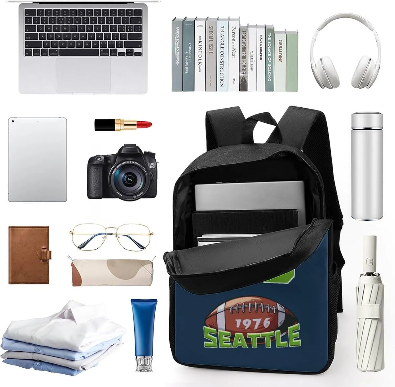 Seattle Backpack Custom Name Number Laptop Shoulder Bag Bookbag Personalized Sports Gift for Men Women Boy Girl, 17 Inch