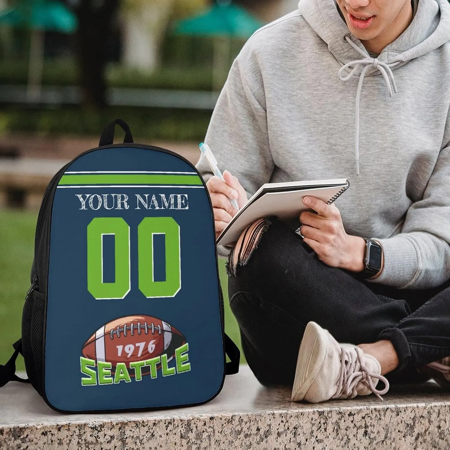 Seattle Backpack Custom Name Number Laptop Shoulder Bag Bookbag Personalized Sports Gift for Men Women Boy Girl, 17 Inch