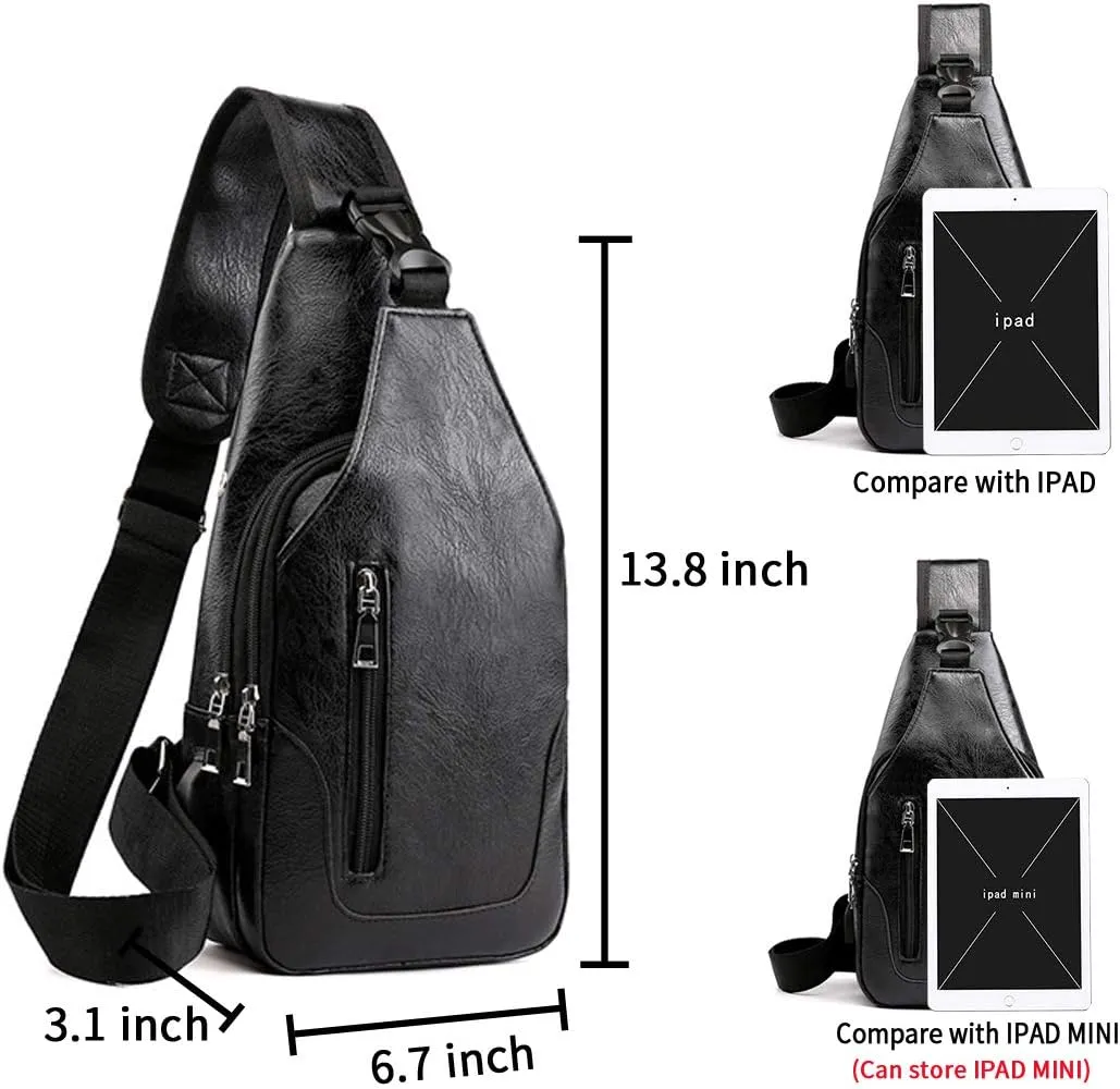 Seoky Rop Men Sling Bag Anti Theft Shoulder Bag Small Leather Crossbody Sling Backpack with USB Charge Port Black