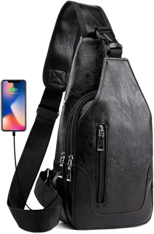 Seoky Rop Men Sling Bag Anti Theft Shoulder Bag Small Leather Crossbody Sling Backpack with USB Charge Port Black