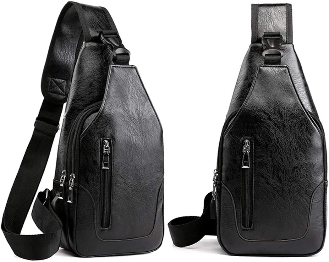 Seoky Rop Men Sling Bag Anti Theft Shoulder Bag Small Leather Crossbody Sling Backpack with USB Charge Port Black