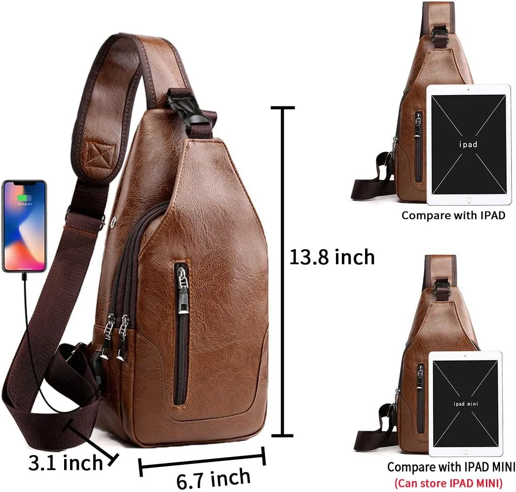 Seoky Rop Men Sling Bag Anti Theft Shoulder Bag Small Leather Crossbody Sling Backpack with USB Charge Port Brown