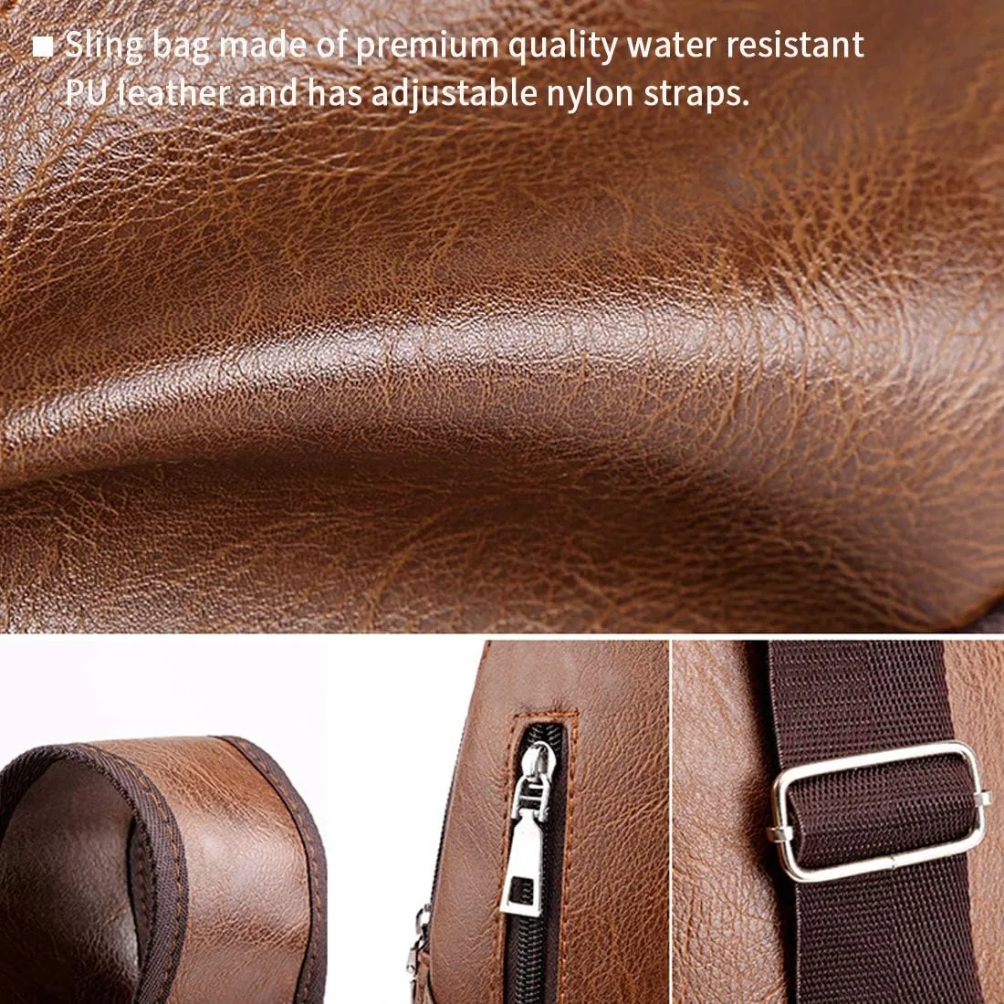 Seoky Rop Men Sling Bag Anti Theft Shoulder Bag Small Leather Crossbody Sling Backpack with USB Charge Port Brown