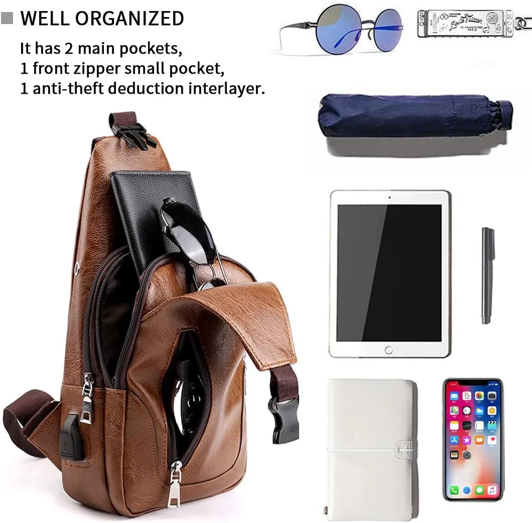 Seoky Rop Men Sling Bag Anti Theft Shoulder Bag Small Leather Crossbody Sling Backpack with USB Charge Port Brown