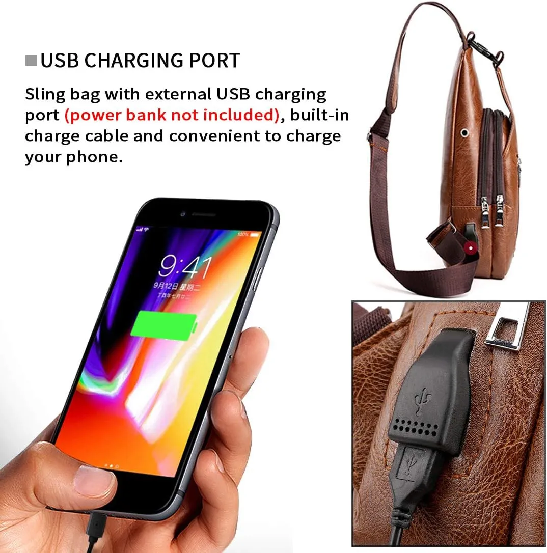 Seoky Rop Men Sling Bag Anti Theft Shoulder Bag Small Leather Crossbody Sling Backpack with USB Charge Port Brown