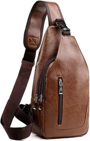 Seoky Rop Men Sling Bag Anti Theft Shoulder Bag Small Leather Crossbody Sling Backpack with USB Charge Port Brown