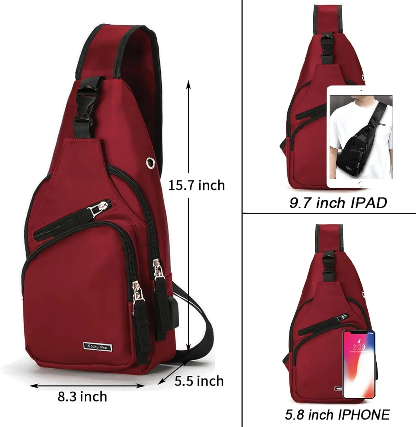 Seoky Rop Men Women Sling Backpack Nylon Water Resistant Shoulder Chest Crossbody Sling Bag with USB Charging Port
