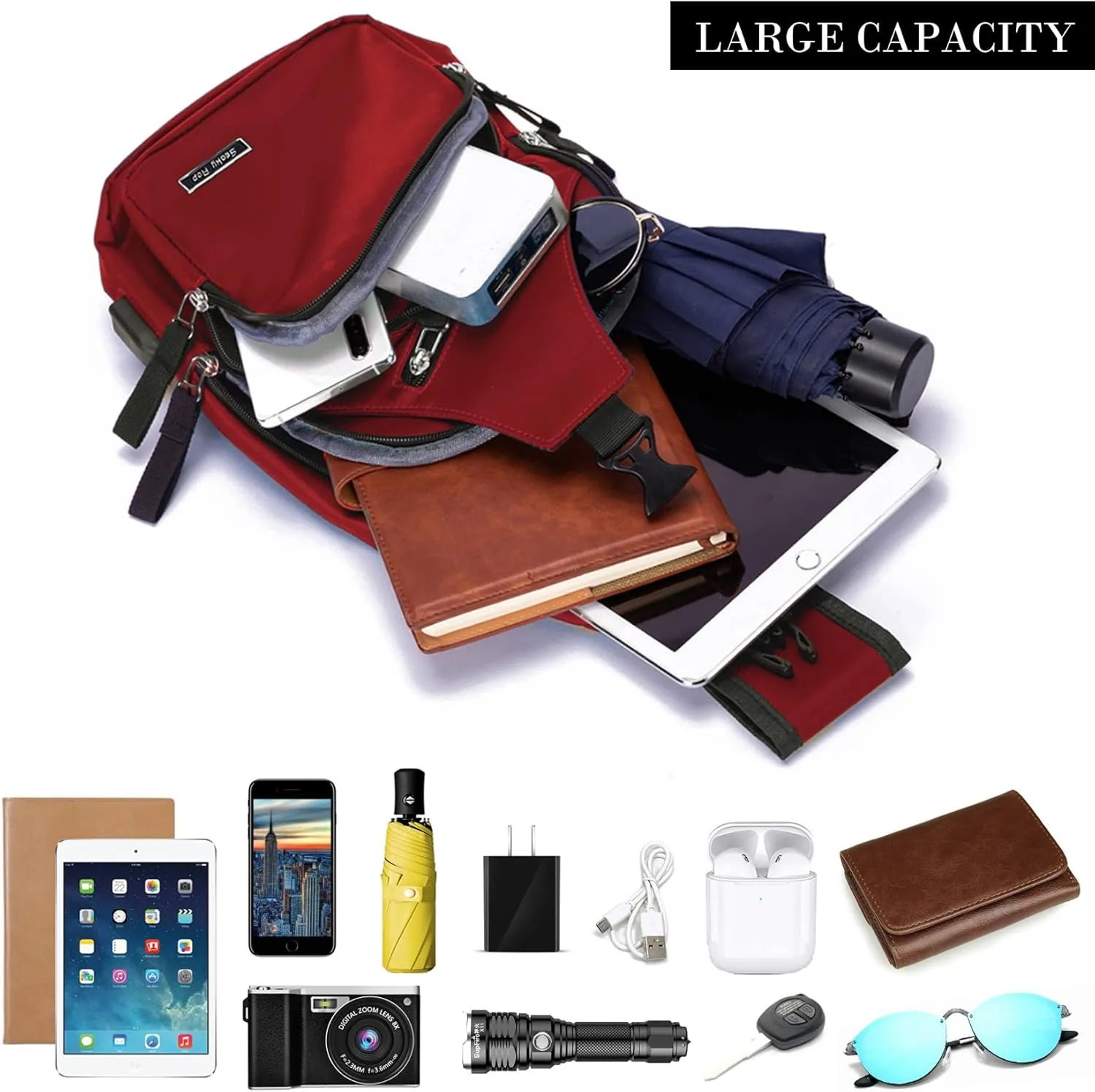 Seoky Rop Men Women Sling Backpack Nylon Water Resistant Shoulder Chest Crossbody Sling Bag with USB Charging Port