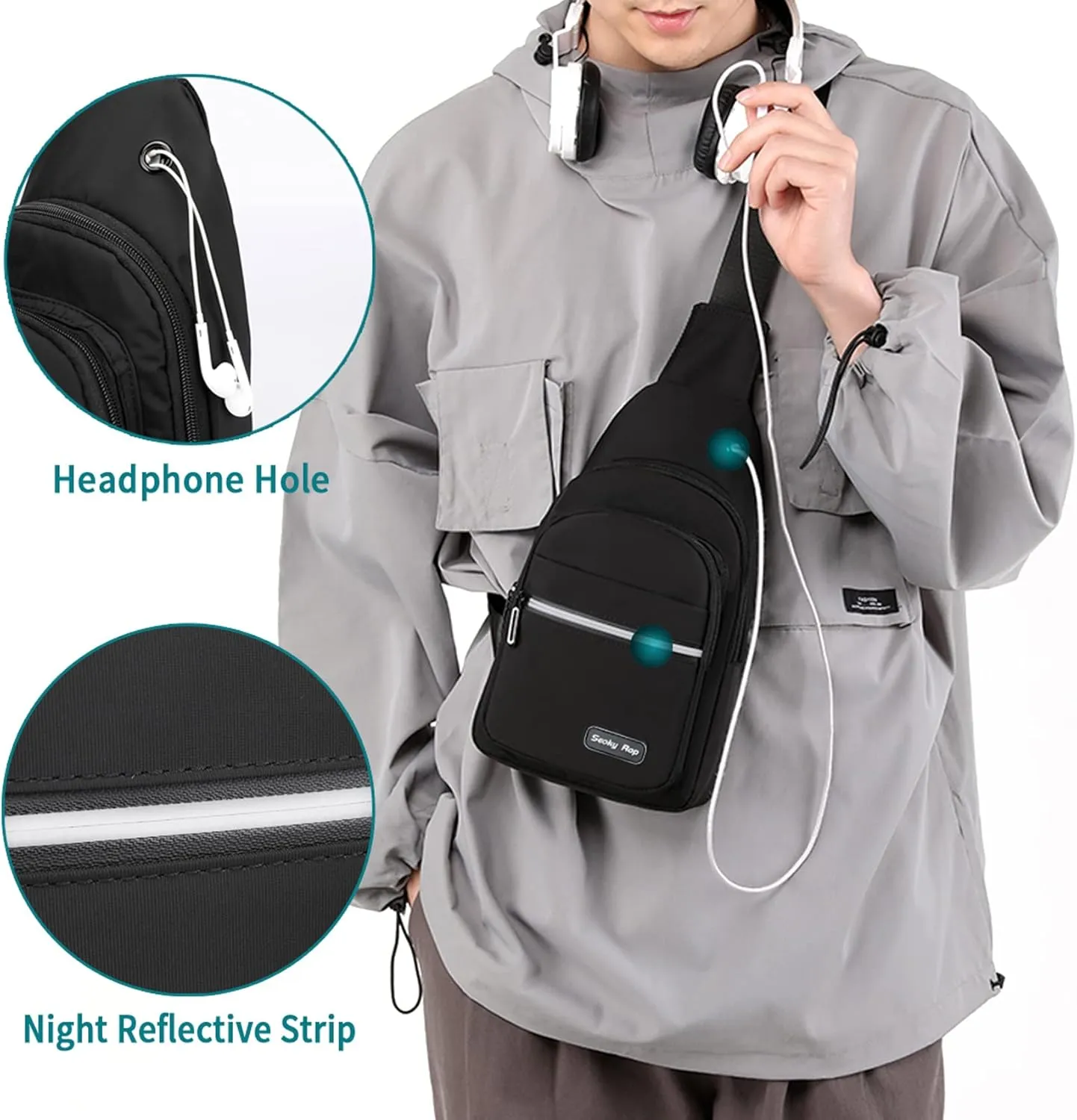Seoky Rop Sling Bag Crossbody Backpack for Men Women Multipurpose Chest Shoulder Bag for Travel Hiking Daypack Black