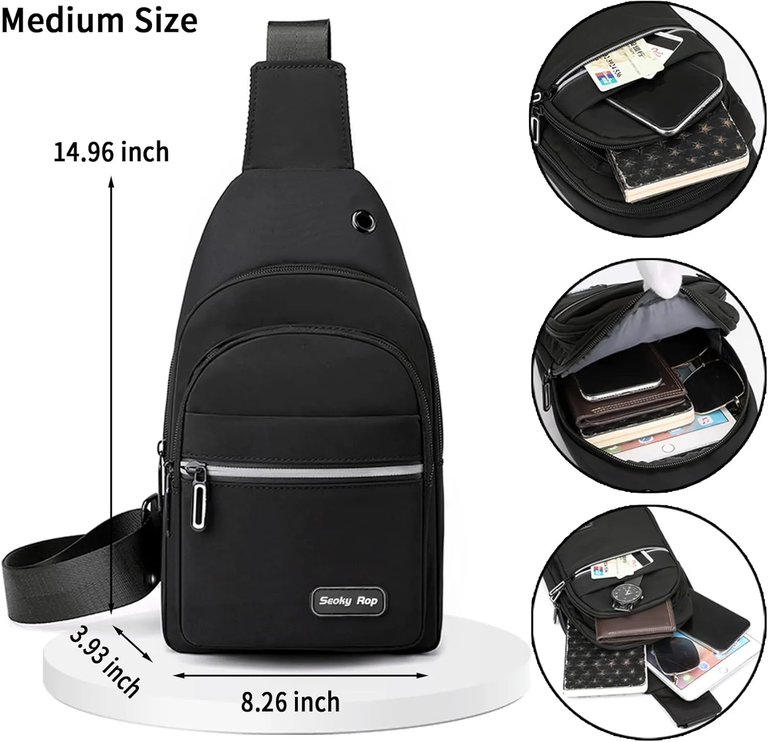Seoky Rop Sling Bag Crossbody Backpack for Men Women Multipurpose Chest Shoulder Bag for Travel Hiking Daypack Black