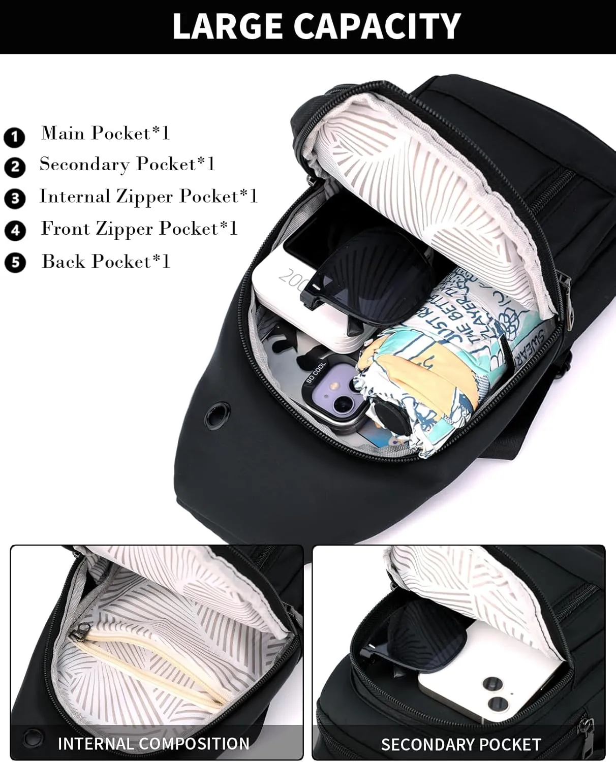 Seoky Rop Sling Bag Crossbody Backpack for Men Women Small Purse Chest Shoulder Bag for Travel Hiking Daypack White