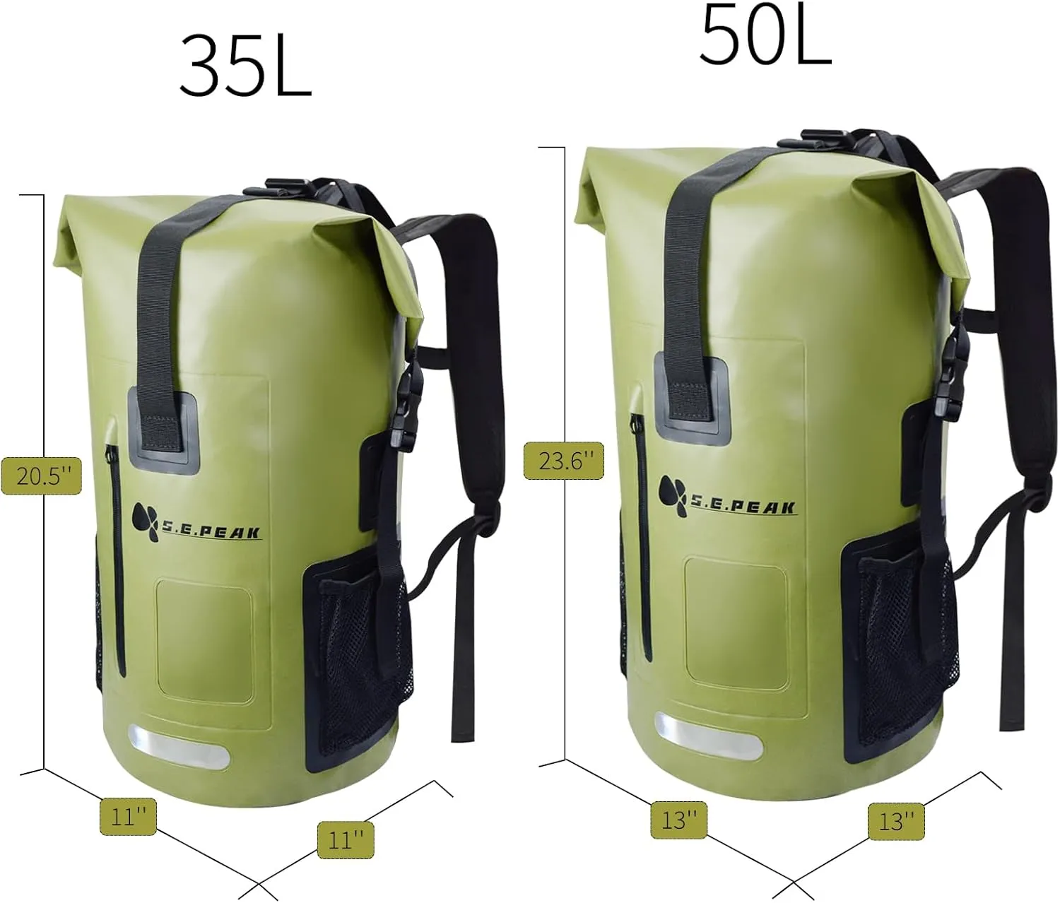 SEPEAK 55L Waterproof Marine Dry Bag, Roll Top Backpack, Heavy Duty Dry Sack for Kayaking, Boating,Swimming,Diving,Surfing,Rafting,Fishing,Camping,Hiking,with Reflective Strip,Green