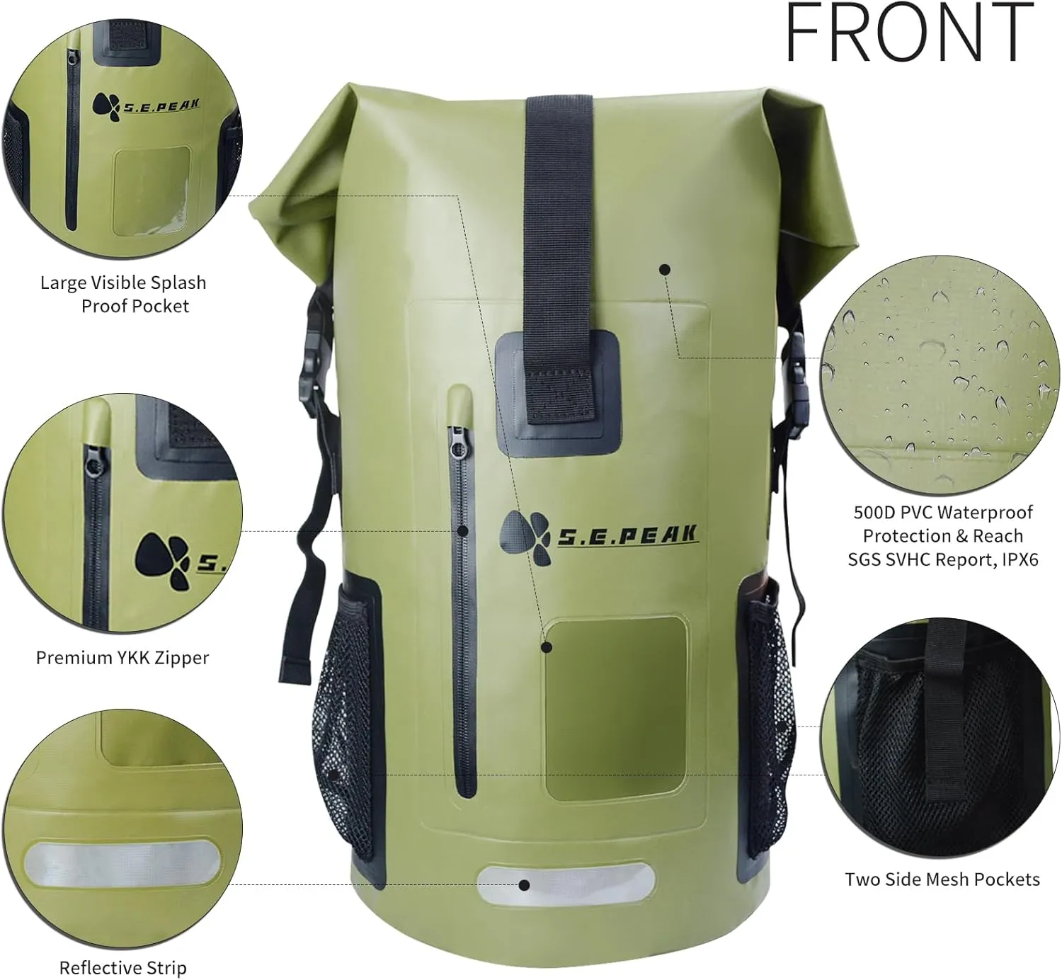 SEPEAK 55L Waterproof Marine Dry Bag, Roll Top Backpack, Heavy Duty Dry Sack for Kayaking, Boating,Swimming,Diving,Surfing,Rafting,Fishing,Camping,Hiking,with Reflective Strip,Green
