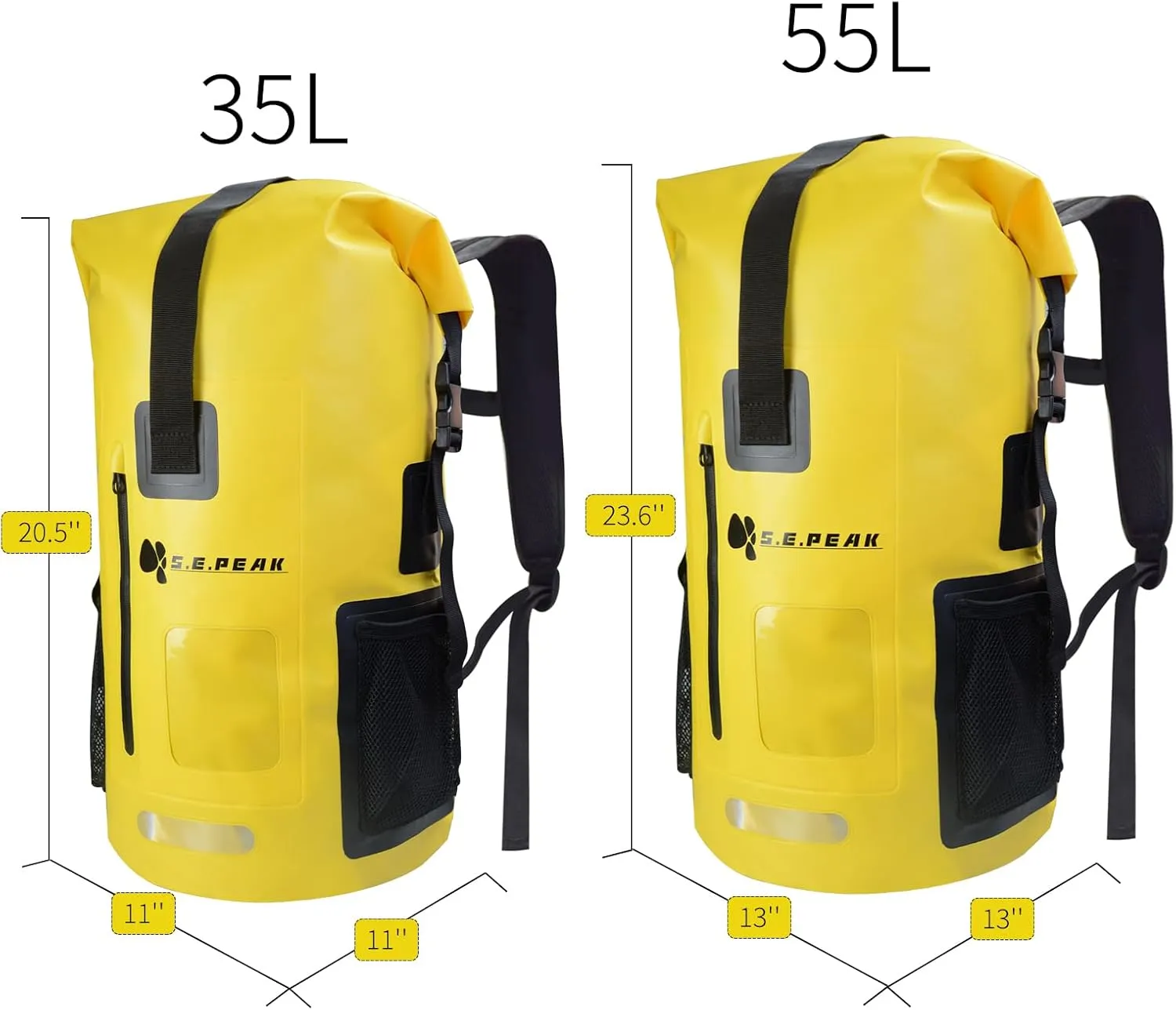 SEPEAK 55L Waterproof Marine Dry Bag, Roll Top Backpack, Heavy Duty Dry Sack for Kayaking, Boating,Swimming,Diving,Surfing,Rafting,Fishing,Camping,Hiking,with Reflective Strip,Yellow