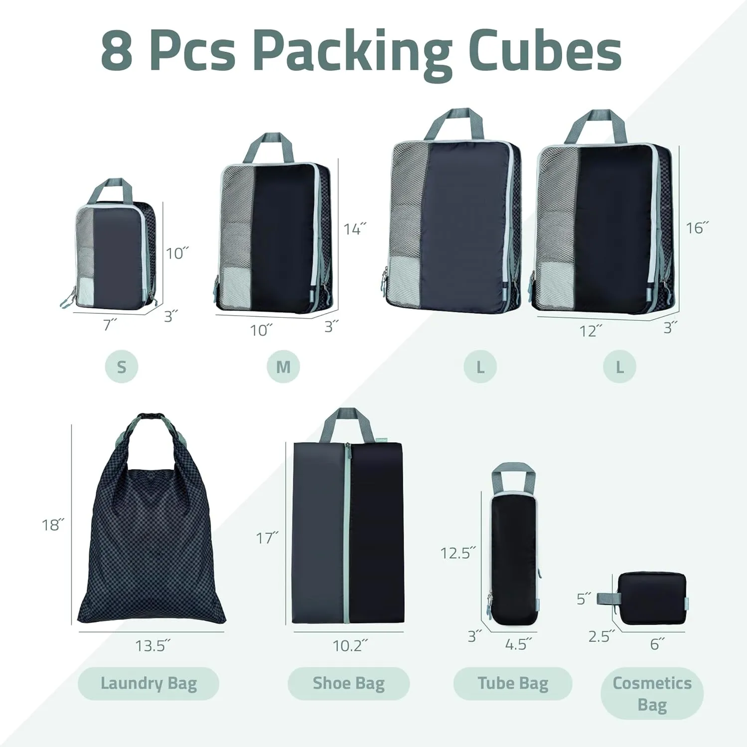 Set of 8 compression packing cubes for travel accessories- Expandable bags for clothing, toiletry, backpacks, organizing essentials (Black & Grey)