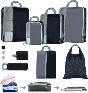 Set of 8 compression packing cubes for travel accessories- Expandable bags for clothing, toiletry, backpacks, organizing essentials (Black & Grey)
