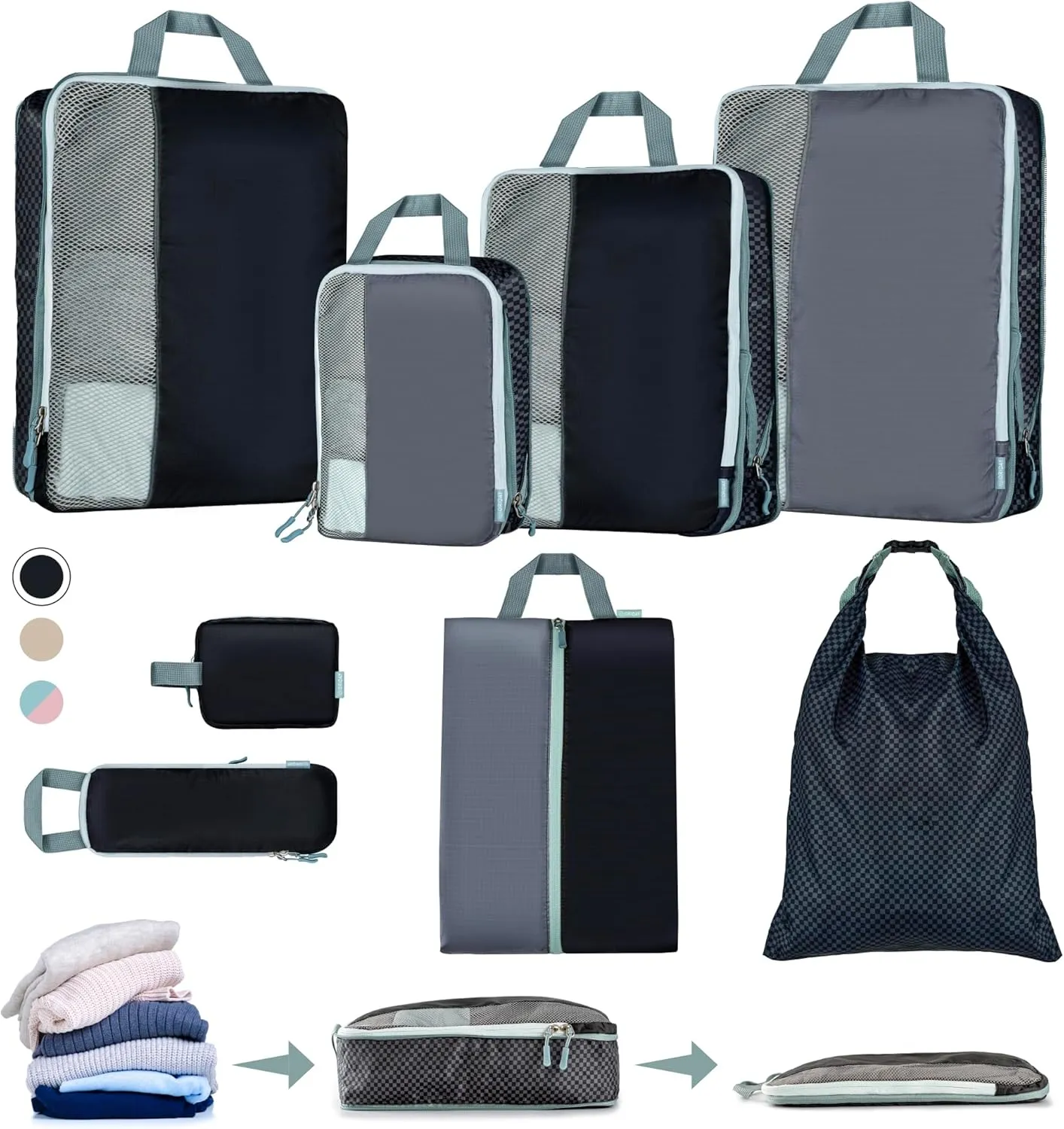 Set of 8 compression packing cubes for travel accessories- Expandable bags for clothing, toiletry, backpacks, organizing essentials (Black & Grey)