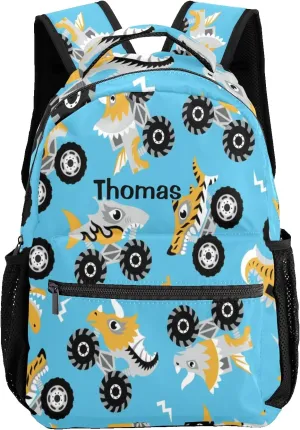 Shark Monster Cars Personalized Kids School Backpack Custom for Boys Girls Primary Daypack School Bookbag Travel Bag