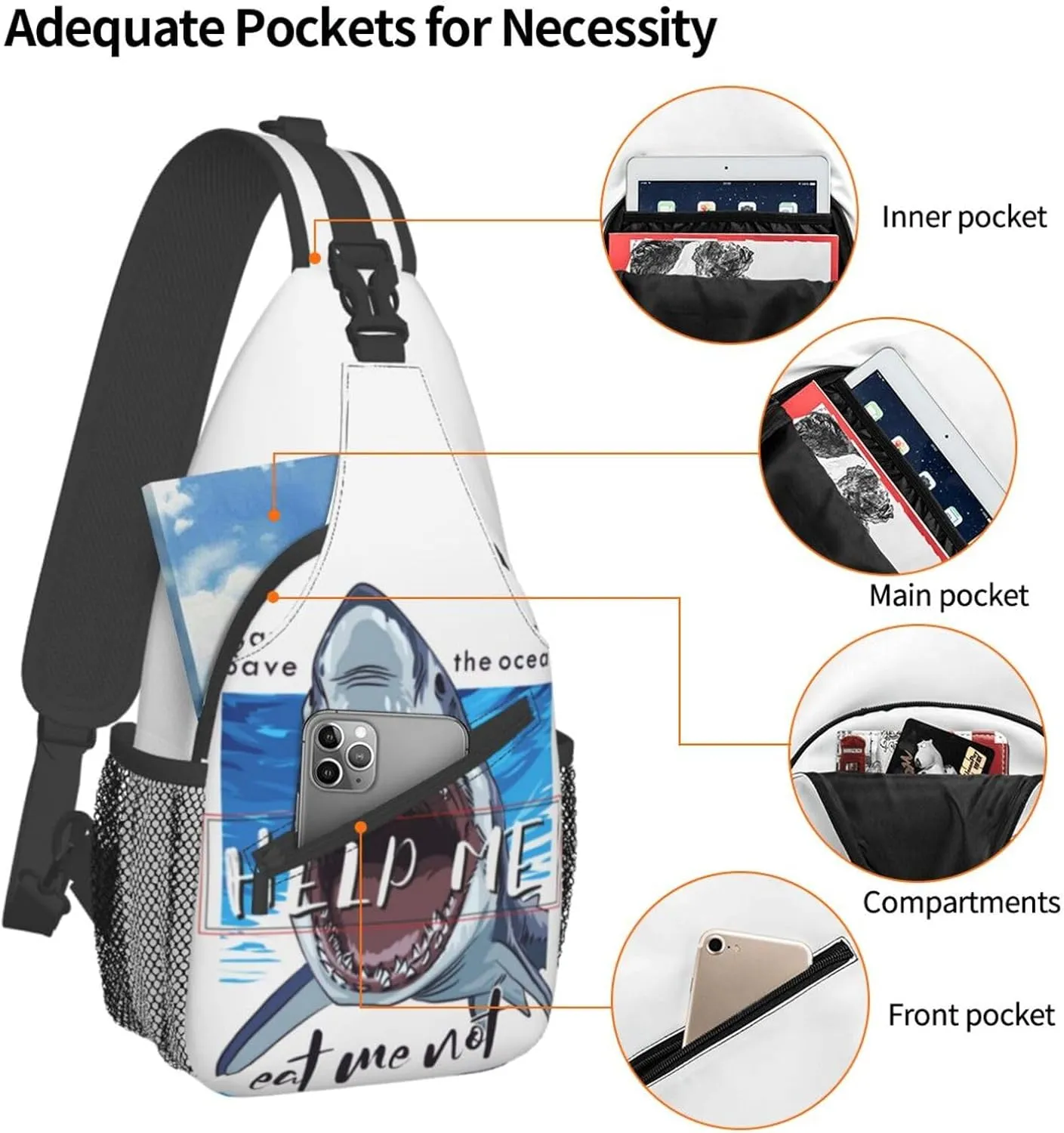 Shark Sling Backpack Chest Bag Crossbody Shoulder Bag Gym Cycling Travel Hiking Daypack For Men Women