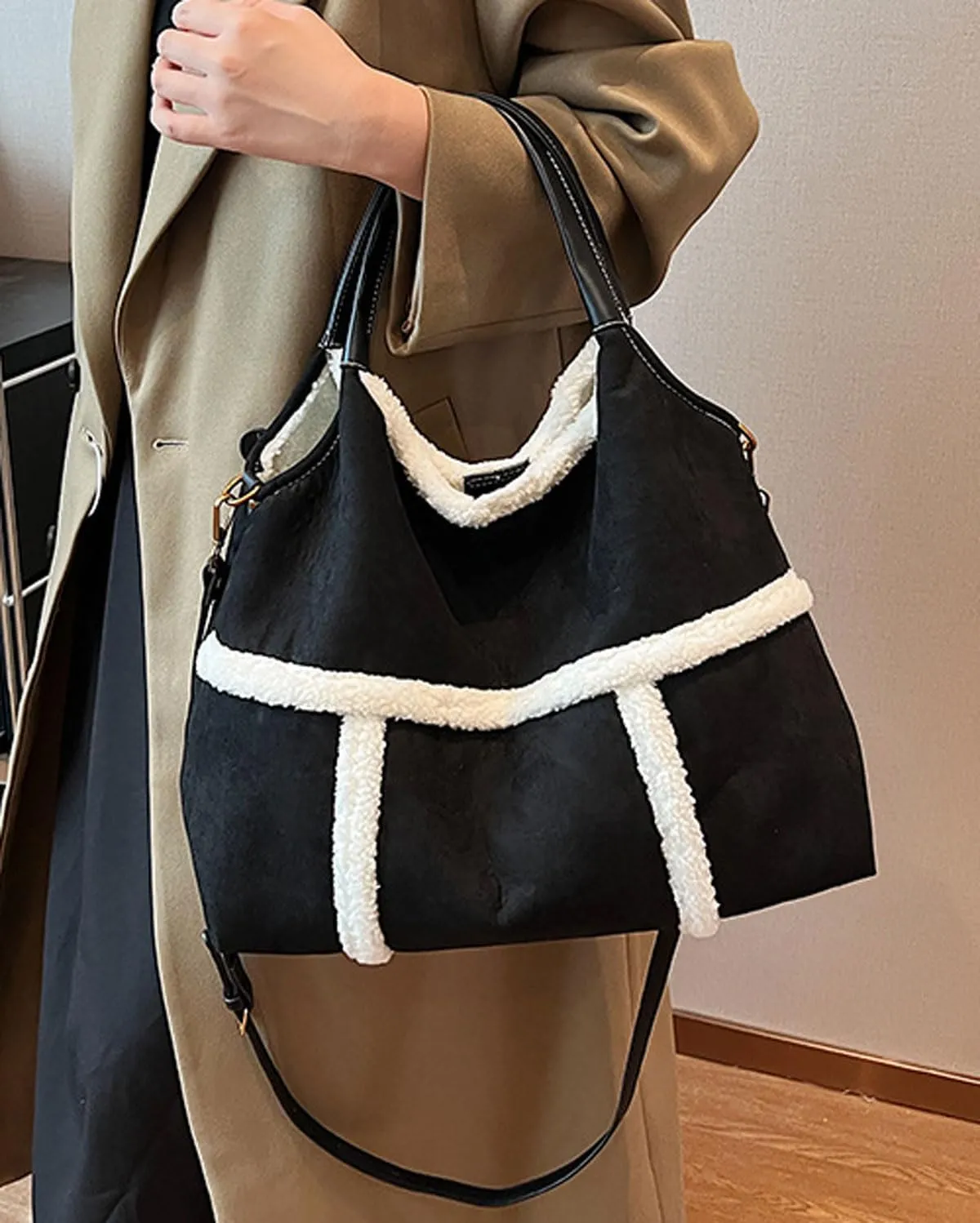 Sherpa Suede Tote Bag for Women Fall Winter Vintage Top Handle Large Handbag Crossbody Hobo Bags